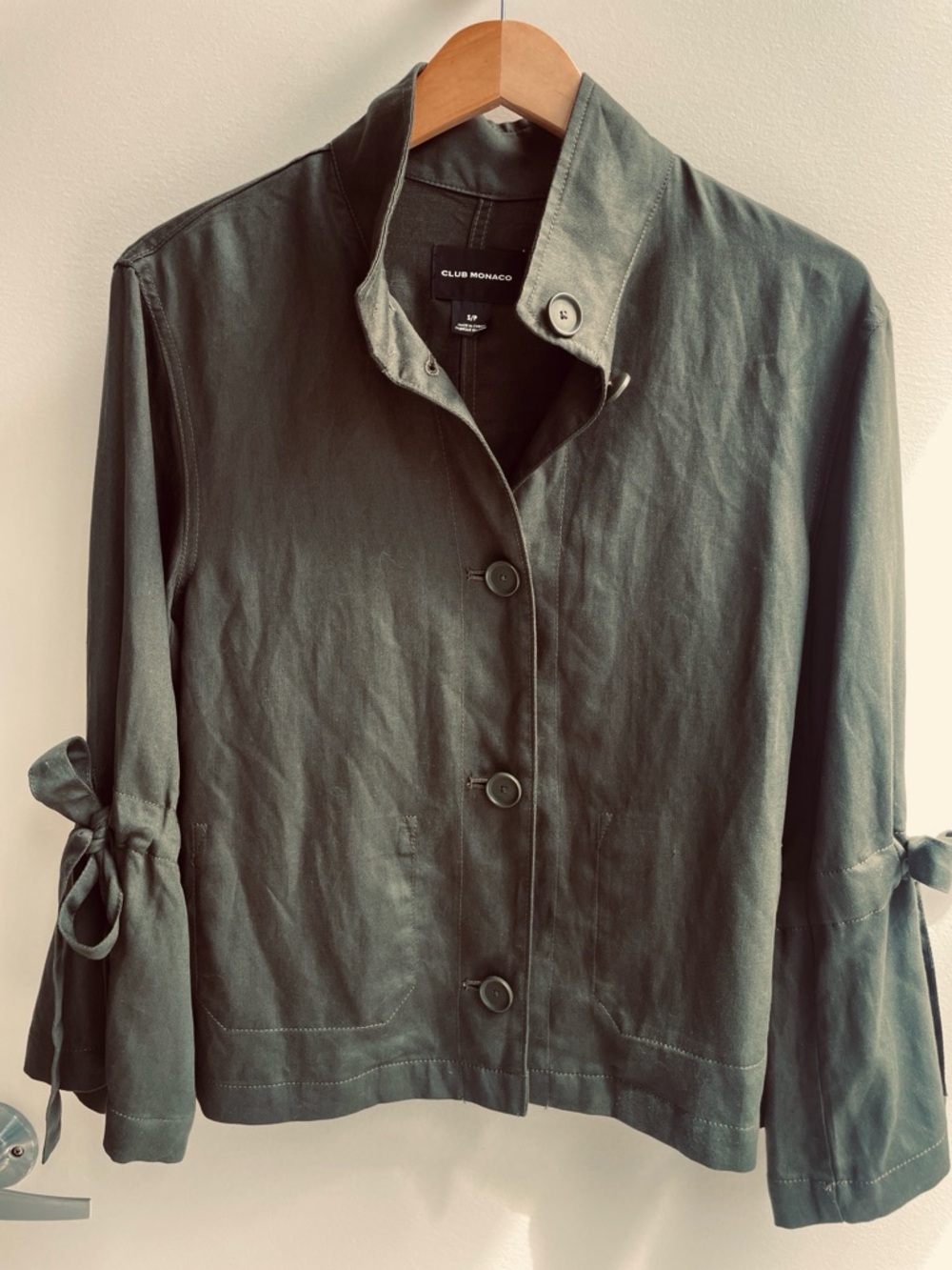 Club Monaco Olive Utility Button-Front Jacket with Tie Sleeves